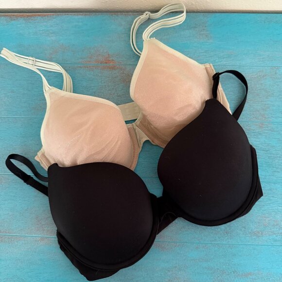 Victorias Secret Push-Up Bras Set Of 2 32D Black & Nude with Sea-foam Overlay - Picture 1 of 7